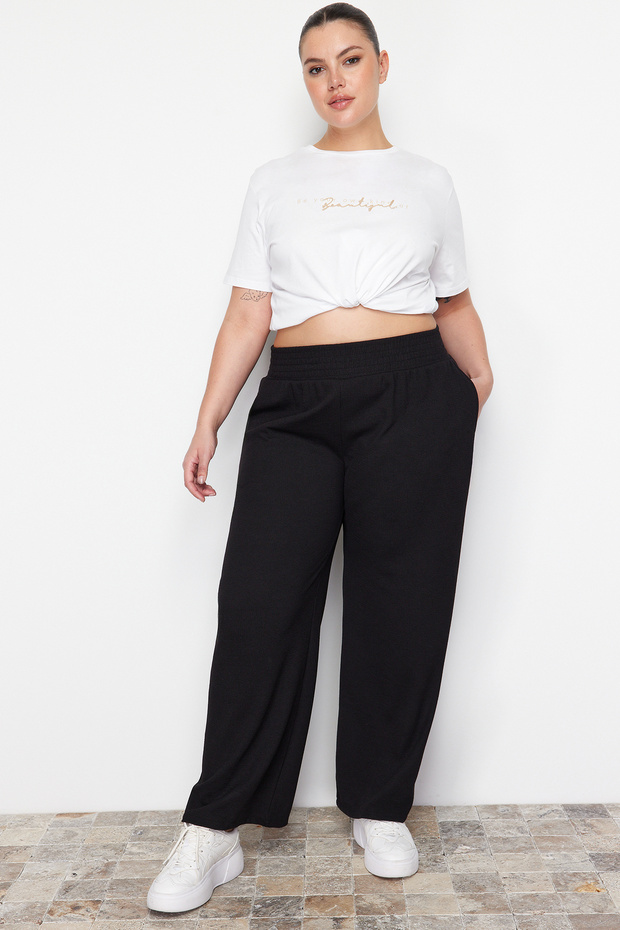 Black Wide Leg High Elastic Waist Crepe Knit Plus Size Trousers TBBAW24AR00018