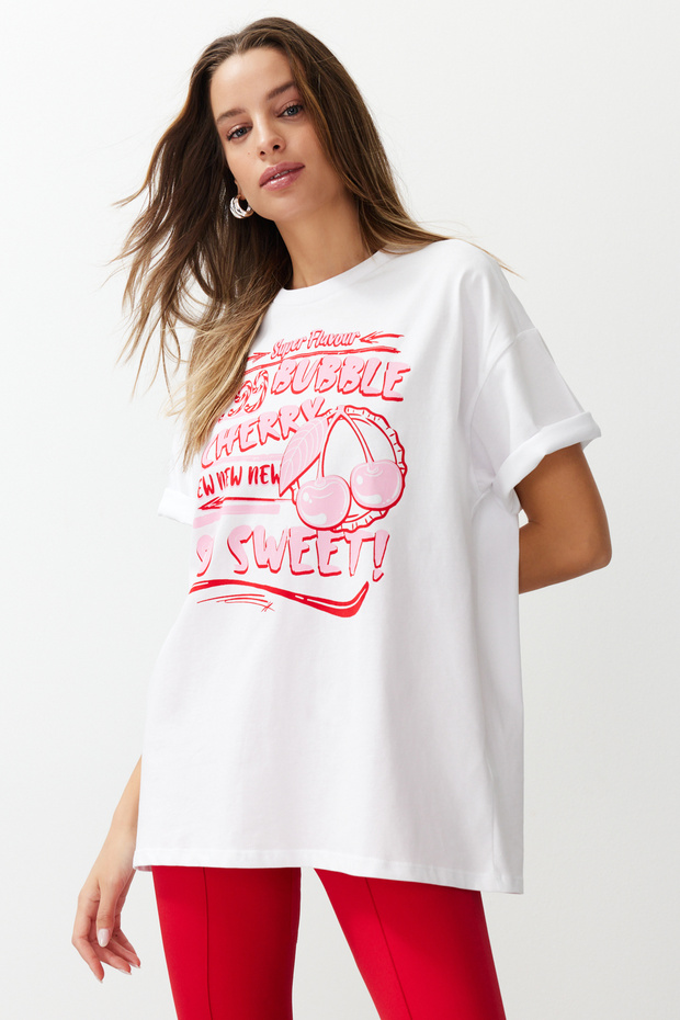 Beyaz %100 Kalın Pamuklu Baskılı Oversize/Rahat Kesim Örme T-Shirt TWOSS24TS00123 - 3