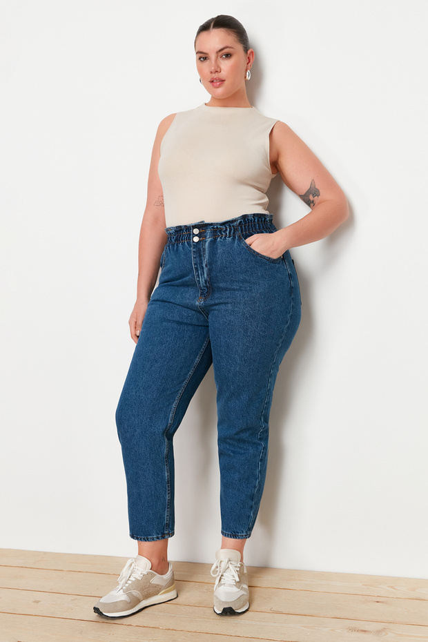 Mavi Yüksek Bel Beli Lastikli %100 Non-Stretch Pamuk Büyük Beden Mom Jeans TBBAW23JE00002 - 7