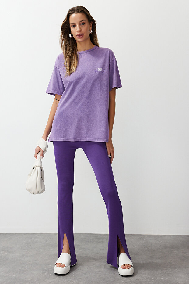 Lila Oversize Kalıp Yıkamalı Slogan ve Sırt Baskılı %100 Kalın Pamuklu Örme T-Shirt TWOSS24TS00200 - 3