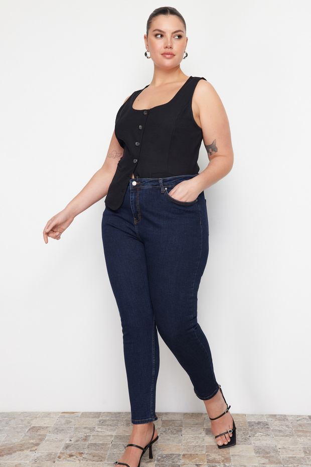 Tmavě modré elastické džíny skinny s vysokým pasem velikosti plus TBBSS22JE0075 - 7