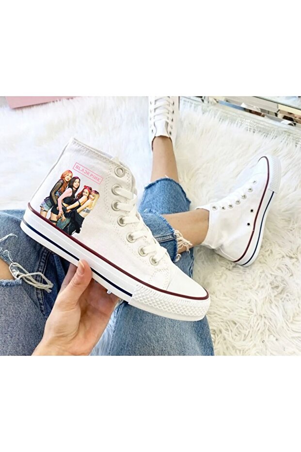 Black Pink Printed White High Top Sneakers Kids Sneakers Blackpink