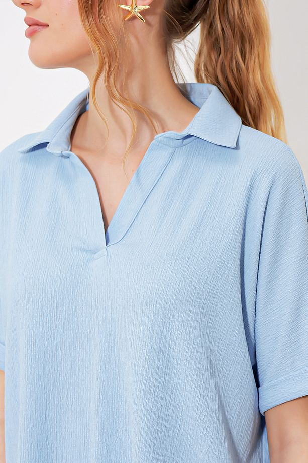 Kadın Mavi Oversize Polo Yaka Örme Bluz 0486 - 4