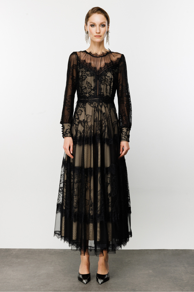 Siyah Dantelli Maxi Boy Elbise - 2