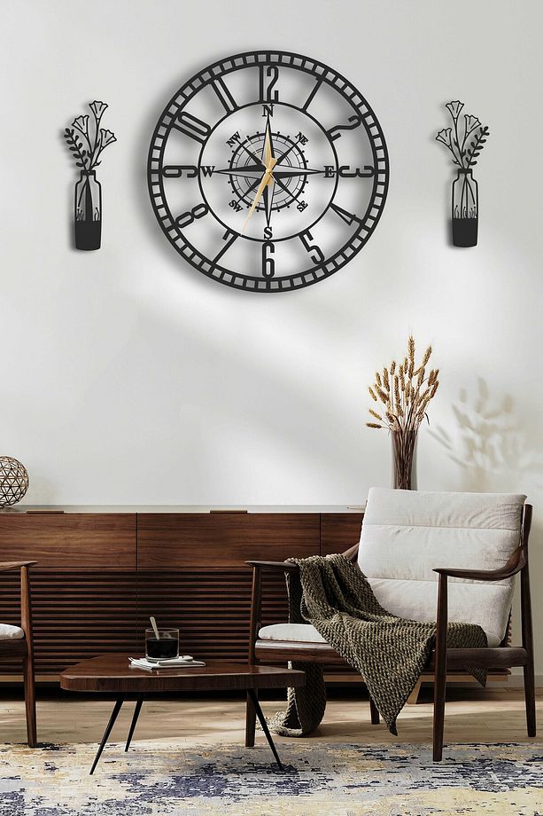 Modern Siyah Ahşap Dekoratif Pusulalı Duvar Saati Ve Vazo Tablo Seti - 48x48cm Yuvarlak Tasarım - 3