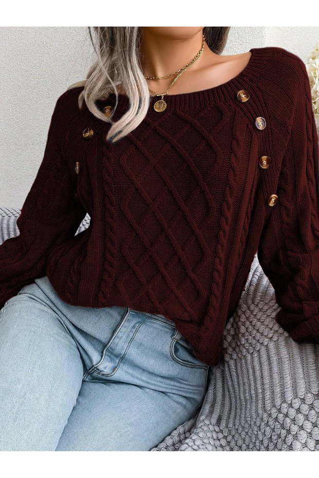 Women's Boat Neck Hair Braid Patterned Burgundy Knitwear Sweater with Button Detail
