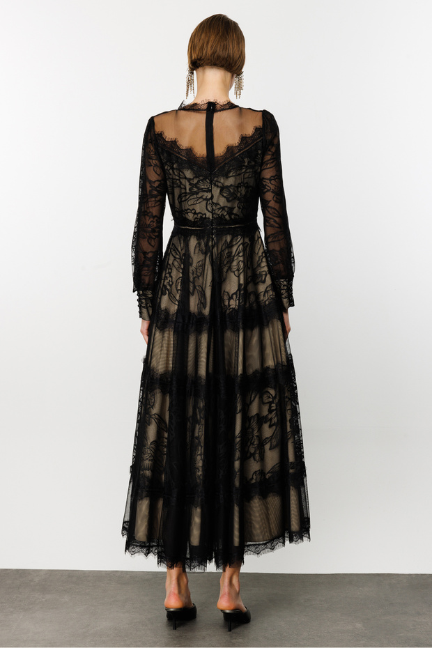 Siyah Dantelli Maxi Boy Elbise - 5