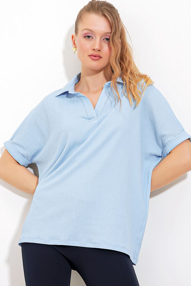 Kadın Mavi Oversize Polo Yaka Örme Bluz 0486 - 3