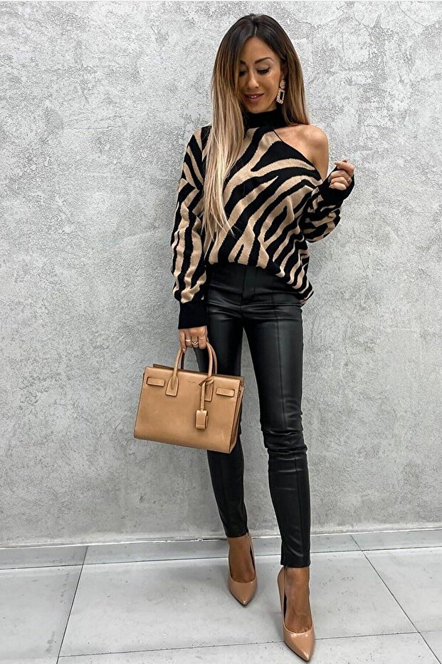 Women's Brown Striped Patterned Knitwear Sweater with Shoulder Detail