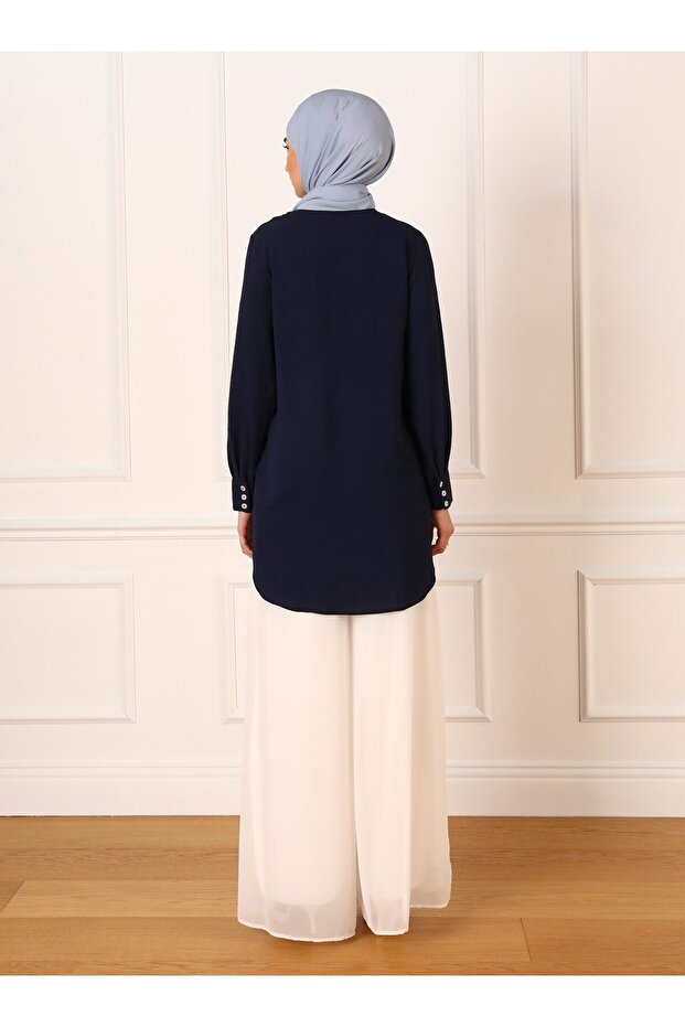 تونيك Aerobin بأزرار مخفية وطويلة من الخلف - أزرق داكن - Refka - 5