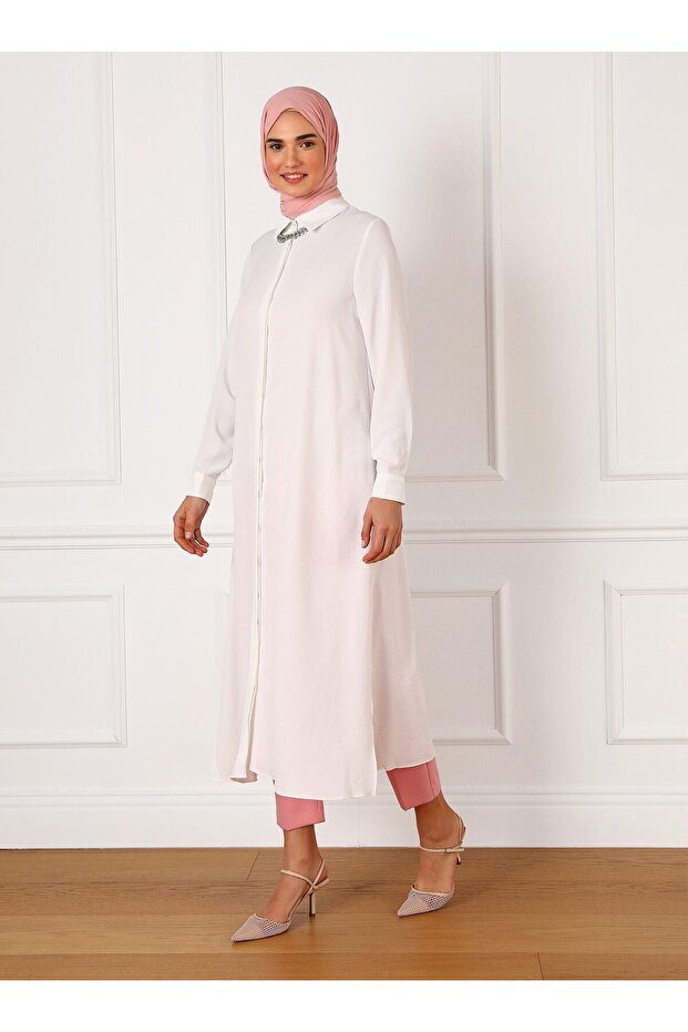 تونيك طويل بأزرار طويلة من Aerobin - أبيض فاتح - Refka - 2