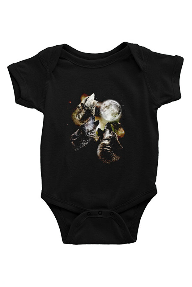 Howling Wolves Black Unisex Baby Bodysuit - Zıbın