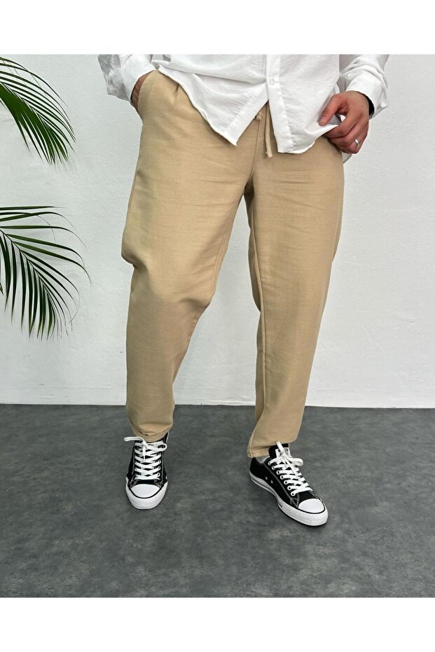 Men's Camel Boyfriend Linen Trousers Relaxed Cut Double Leg Jogger