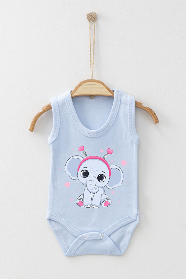 Crown Detailed Cute Elephant Printed Strap Snap-On Bodysuit