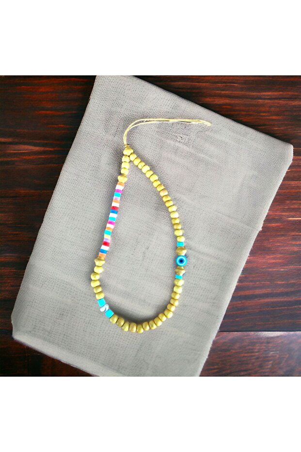 Women's Yellow Wooden Fimo Design Phone Strap Glasses Accessory Ornament Gift Special