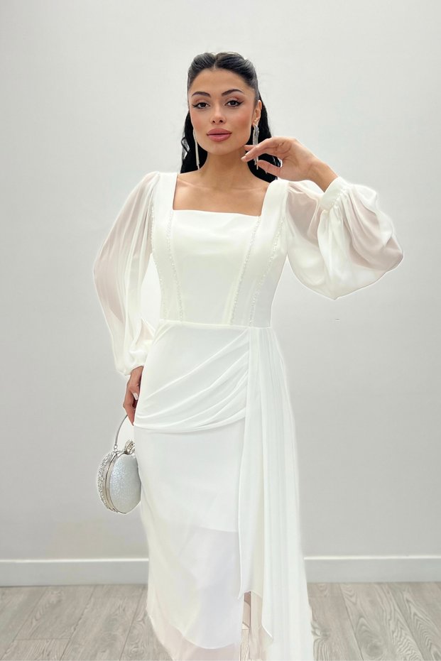 Atlas Fabric Bead Detailed Chiffon Sleeve Pencil Dress - WHITE