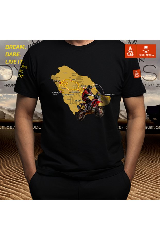 Saudi Arabia Dakar Cross Design Printed Crew Neck 100% Cotton T-Shirt Black