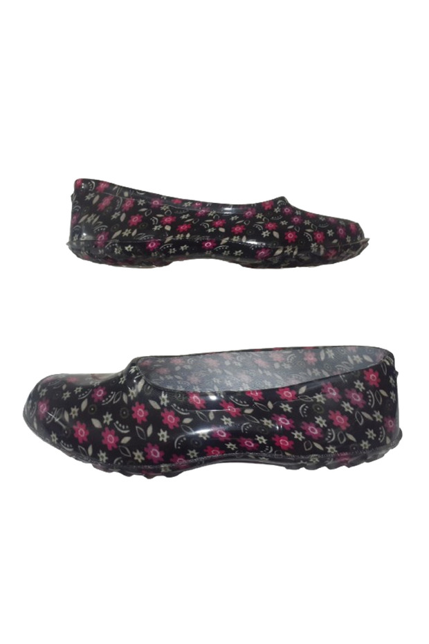Rubber Women's Black-Pink Floral Patterned Non-Slip Sole Work Shoes Kkk8545