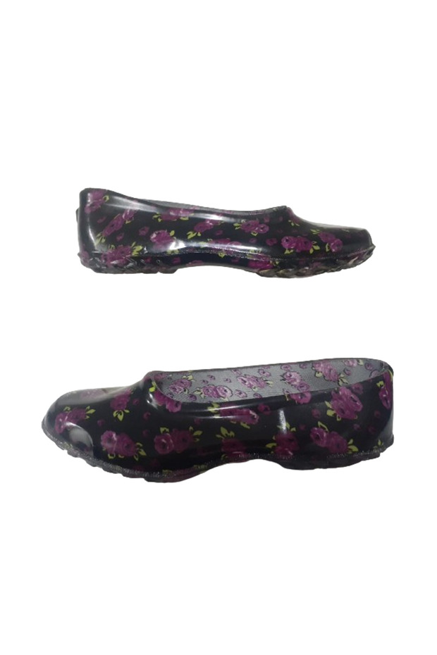 Rubber Women's Black-Purple Floral Patterned Non-Slip Sole Work Shoes Kkk8545