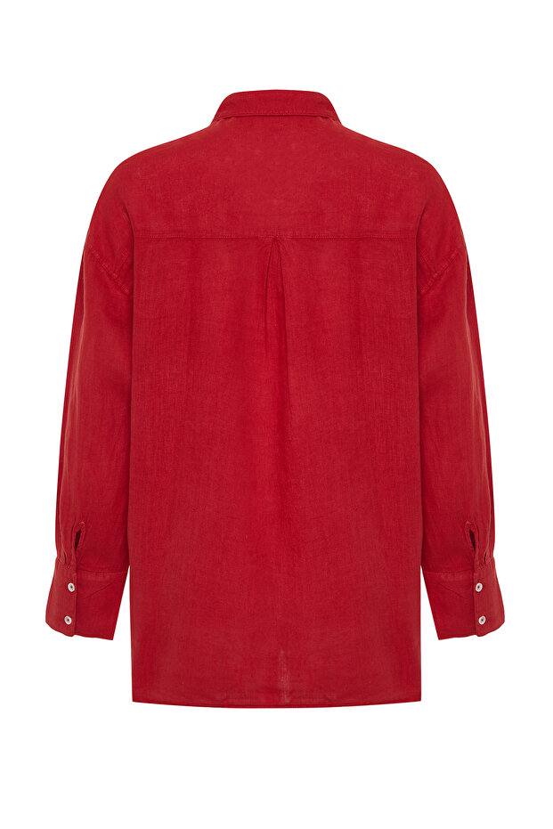 Kırmızı %100 Keten Oversize Gömlek TWOSS23GO00443 - 8