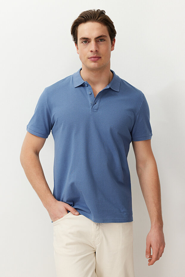 Indigo Regular/Normal Kesim Dokulu Polo Yaka T-Shirt TMNSS24PO00043 - 2