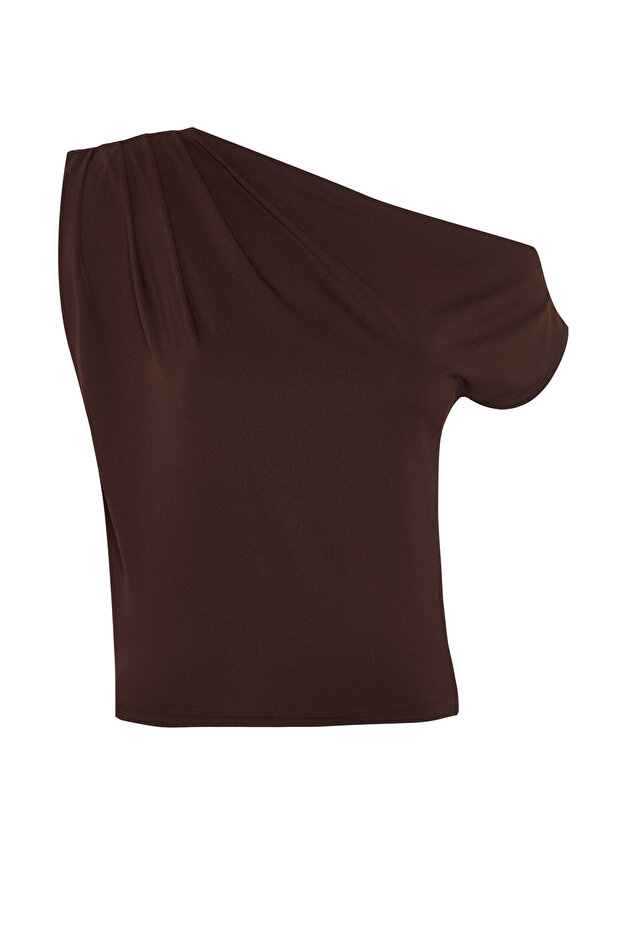 Kahverengi Regular/Normal Kalıp Asimetrik Yaka Sıfır Kol Esnek Örme Bluz TWOSS24BZ00396 - 7