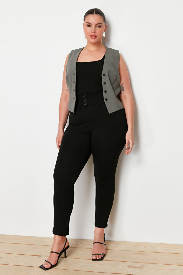 Siyah Beli Lastikli Skinny Örme Büyük Beden Pantolon TBBAW23AR00023 - 7