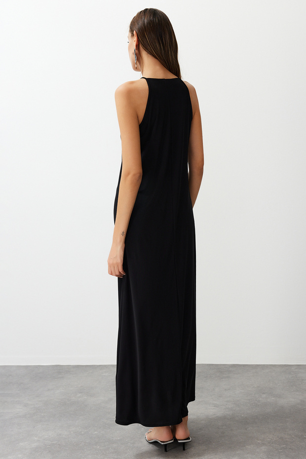 Siyah Soyut Halter Yaka A-line/Çan Açılan Esnek Maxi Örme Kalem Elbise TWOSS24EL00558 - 12