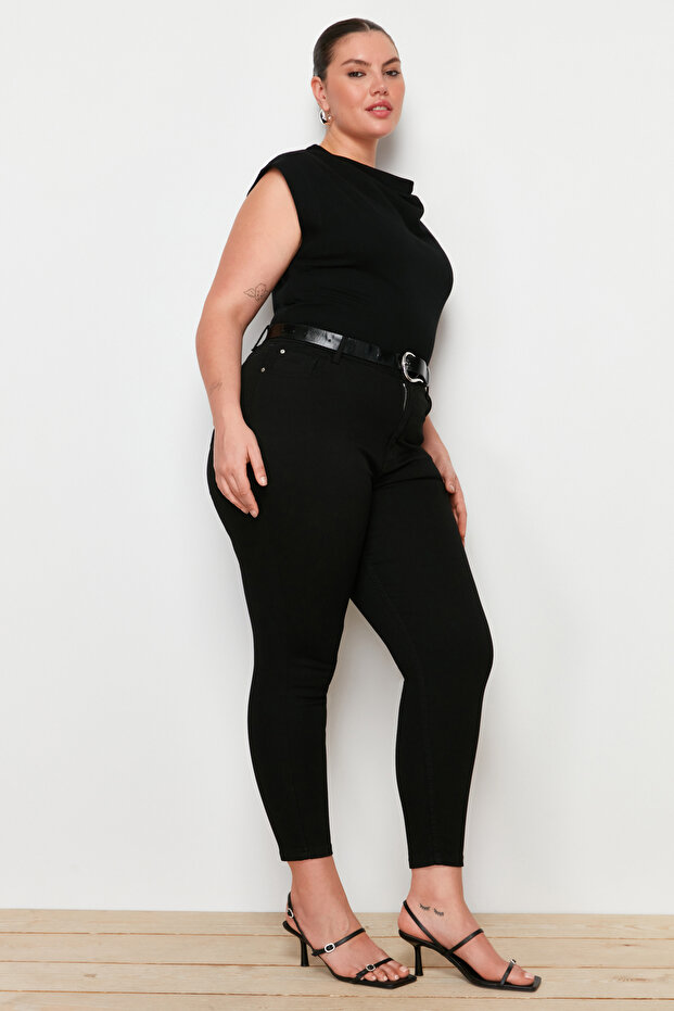 Solmayan Siyah Yüksek Bel Esnek/Stretch Büyük Beden Skinny Jeans TBBAW23CJ00061 - 3