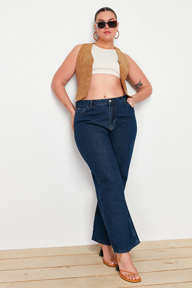Indigo Yüksek Bel Geniş Paça Comfort/Orta Esnek Büyük Beden Wide Leg Jeans TBBAW23CJ00020 - 3