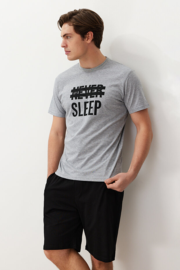 Gri Regular Fit Yazlık Baskılı Şortlu Pijama Takımı THMSS21PT0216 - 1