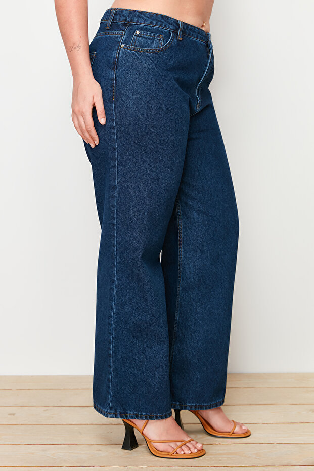 Indigo Yüksek Bel Geniş Paça Comfort/Orta Esnek Büyük Beden Wide Leg Jeans TBBAW23CJ00020 - 4