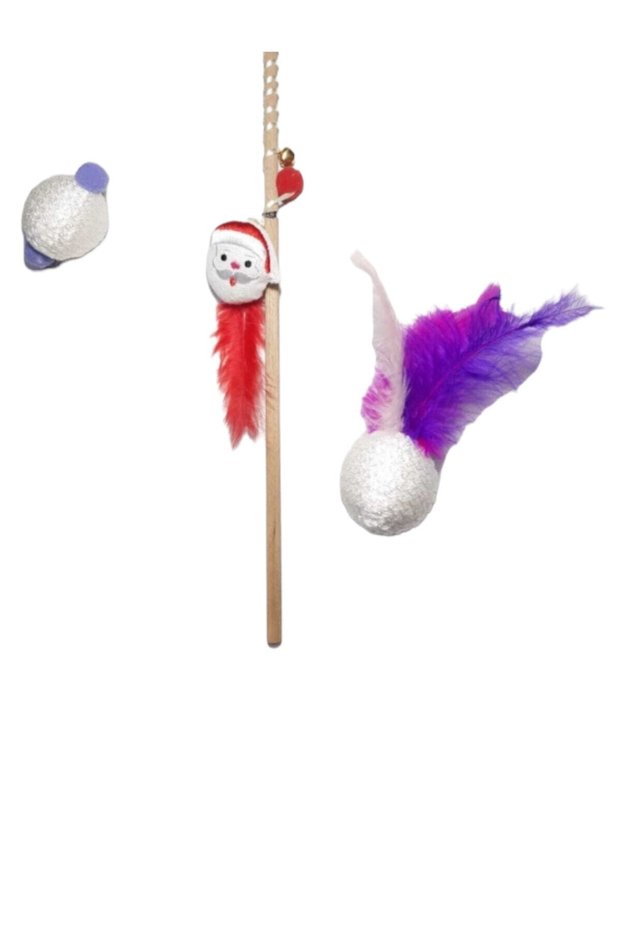 New Year Santa Claus Cat Fishing Rod and Furry Play Ball Set-3 Pieces