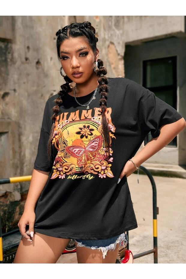 Μαύρο μπλουζάκι Oversize Summer Printed - 4