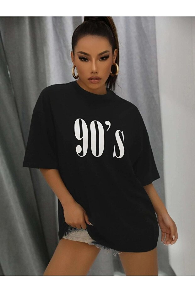 90 Lar تي شيرت أسود كبير الحجم كاجوال Boyfirend