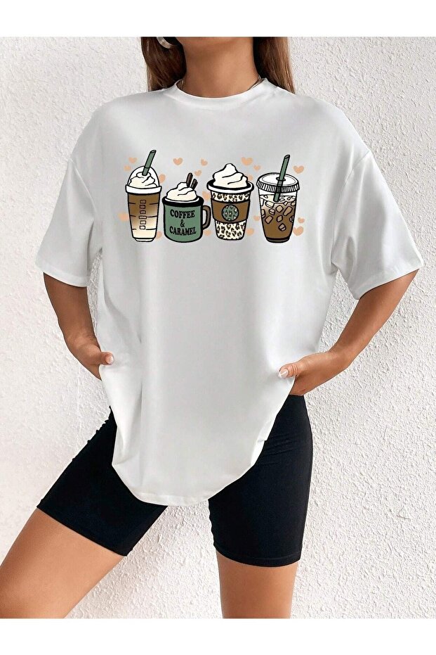 Coffee Caramel Printed Women's Oversize T-shirt Casual Boyfirend