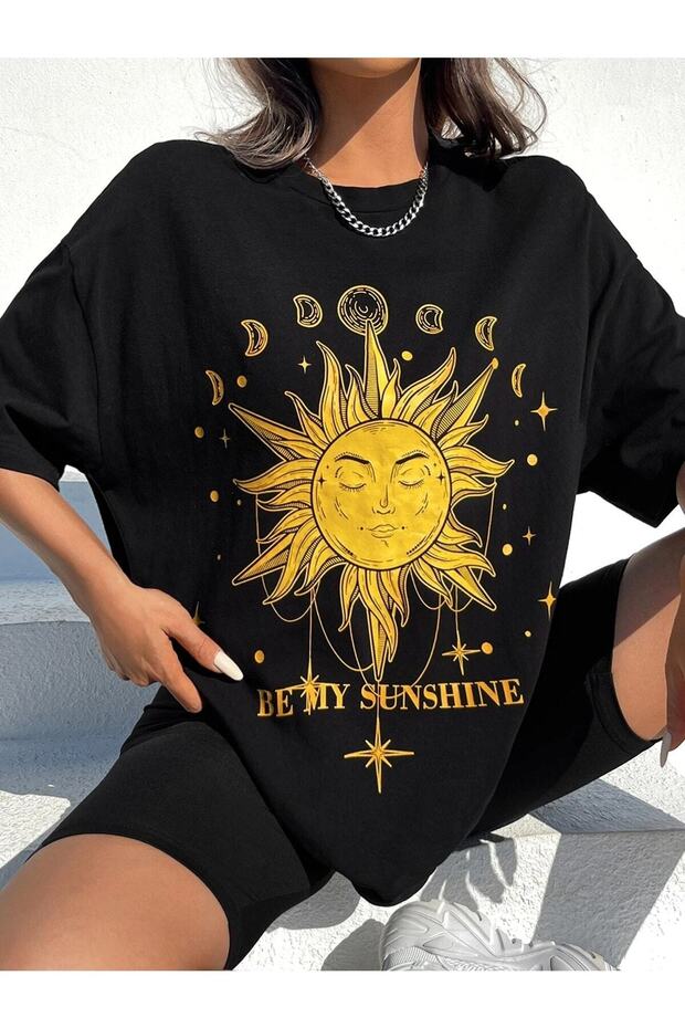 تي شيرت أسود كبير الحجم مطبوع عليه Sunshine كاجوال Boyfirend