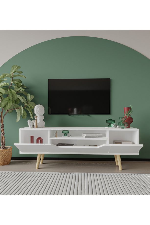 Roma Ahşap Ayaklı Tv Ünitesi Tv Sehpası Beyaz 150 Cm - 3