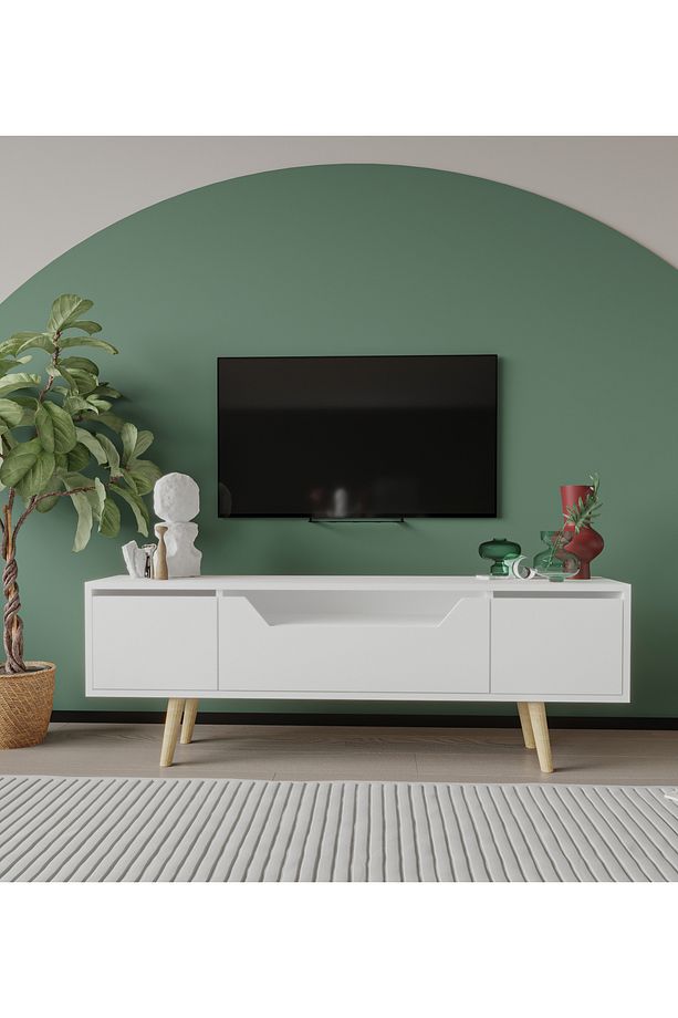 Roma Ahşap Ayaklı Tv Ünitesi Tv Sehpası Beyaz 150 Cm - 1