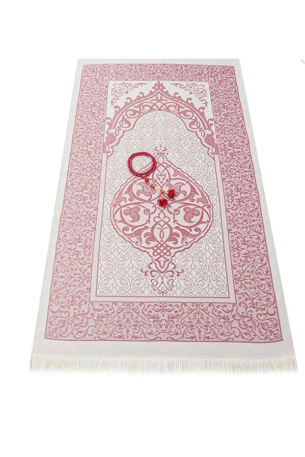 Luxury Light color ottoman chenille prayer mat with rosary gift,patterned fringed pocketing taffeta prayer mat