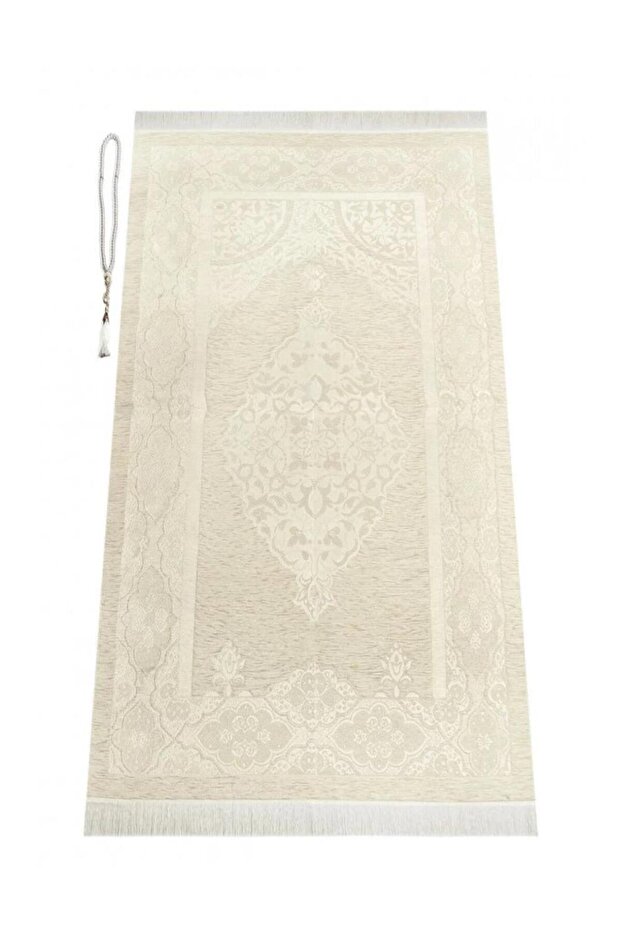 Luxury Light color ottoman chenille prayer mat with rosary gift,patterned fringed pocketing taffeta prayer mat