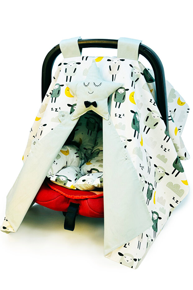 Organic Cotton Stroller Cover and Cushion with Smiling Face and Stars, 2 Pieces