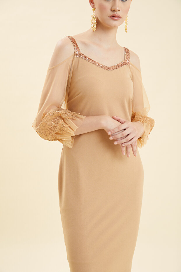 Payetli Dantelli Elbise - 3