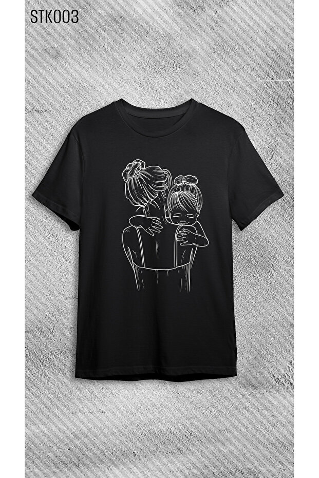 Black Cotton Mother and Daughter Love Printed Combination T-shirt