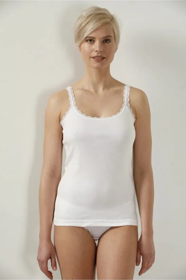 White Cotton Lace Strap Ribbed Women's Tank Top