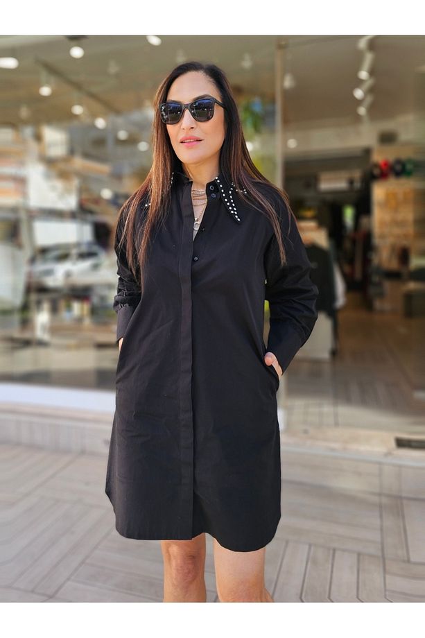 Yakası Taşlı Poplin Gömlek Elbise - 3