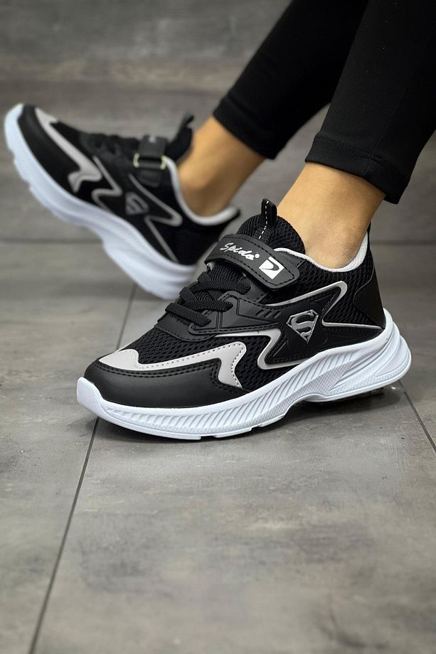 Çocuk Siyah Bağcıklı Tek Cırt Cırtlı Esnek Hafif Nefes Alabilen Unisex File Sneaker Spor Ayakkabı - 1