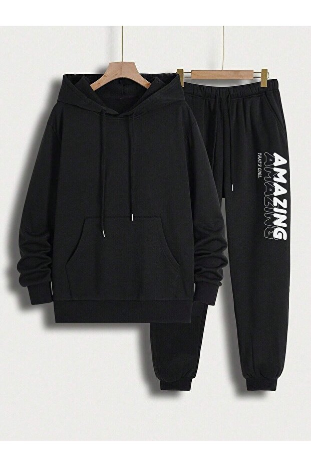 Men's Printed Oversize Tracksuit Set - Hooded Sweat Jogger Sweatpants