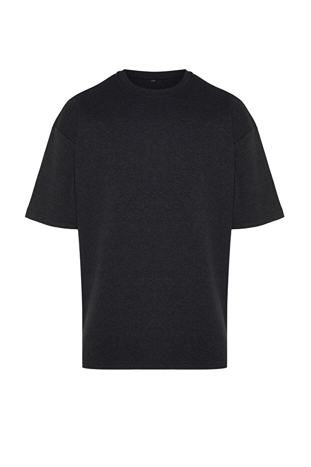 Basic Antrasit Oversize/Geniş Kesim Dokulu Waffle Kısa Kol T-Shirt TMNSS22TS00049 - 7