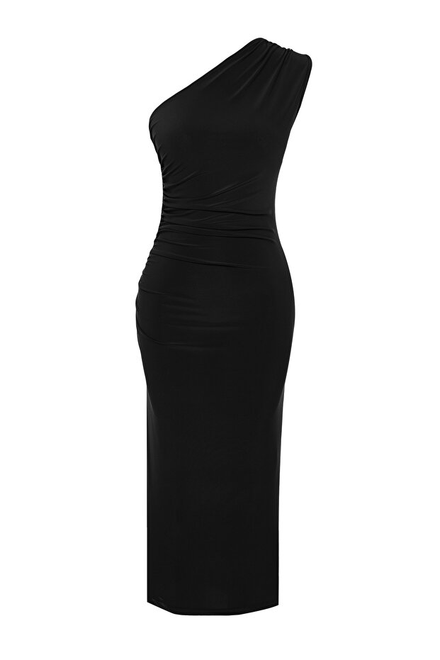 Siyah Tek Omuzlu Drapeli Fitted/Vücuda Oturan Esnek Örme Midi Kalem Elbise TWOSS24EL00100 - 7
